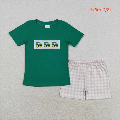 BSSO0809 Embroidery tractor green short-sleeved plaid shorts set