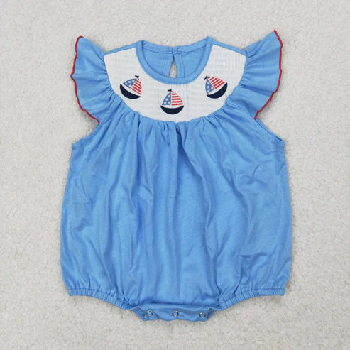 4.2 SR2573 Embroidery Baby Infant Girls Smocked 4th Of July Sailboats Romper