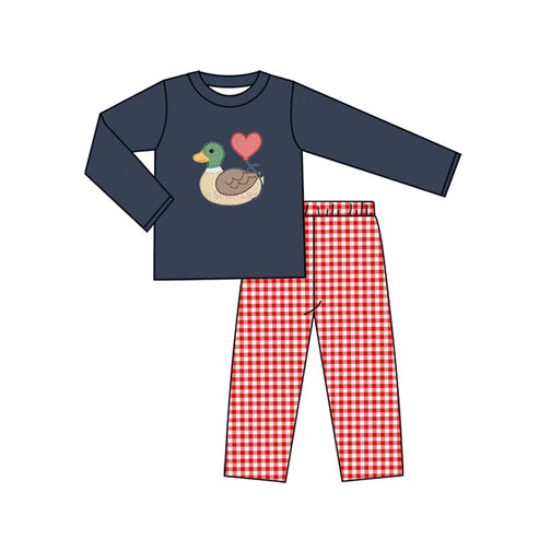 9.29 BLP1304 Baby Boys Hearts Ducks Top Checked Pants Valentine Clothes Sets Preorder