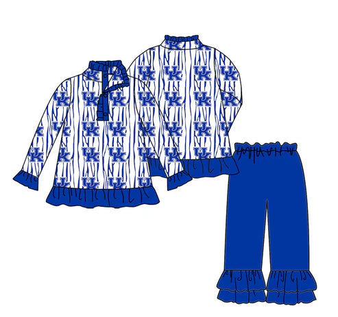 11.4  Custom Moq 8 Baby Girls Blue UK Stripe Button Pullovers Ruffle Pants Team Clothes Sets