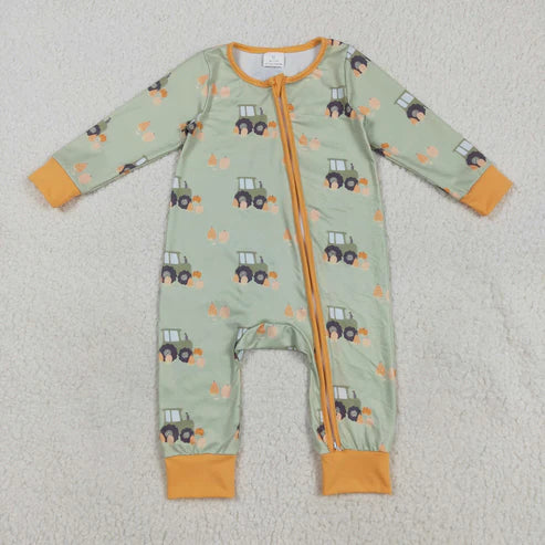 8.13 LR2335 Baby Boys Green Long Sleeves Pumpkins Trucks Zipper Romper