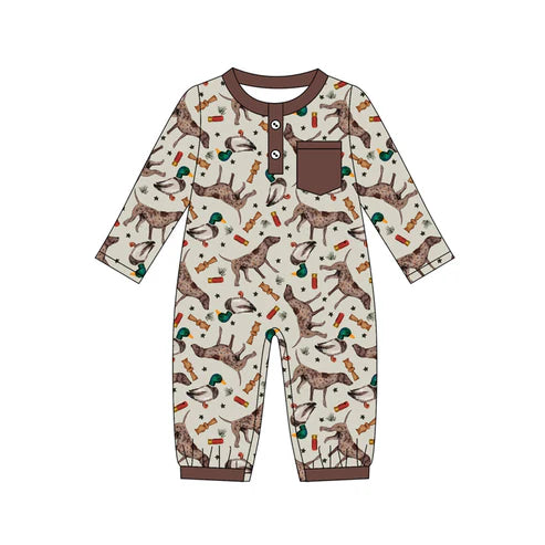 8.22 LR2576 Baby Boys Ducks Dogs Button Pocket Hunting Footie Rompers Preorder