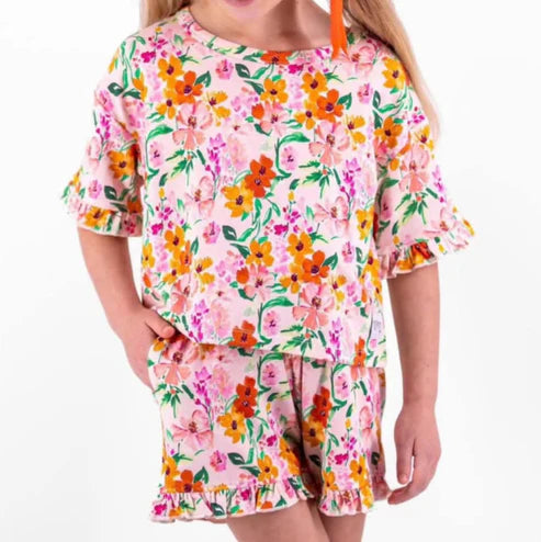 4.15  GSSO2526 Baby Girls Pink Short Ruffle Sleeves Floral Top Short Pajamas Set Preorder