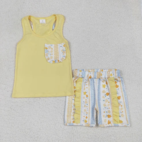 GSSO1788 Baby Girls Yellow Vest Shirt Flowers Shorts Clothes Set