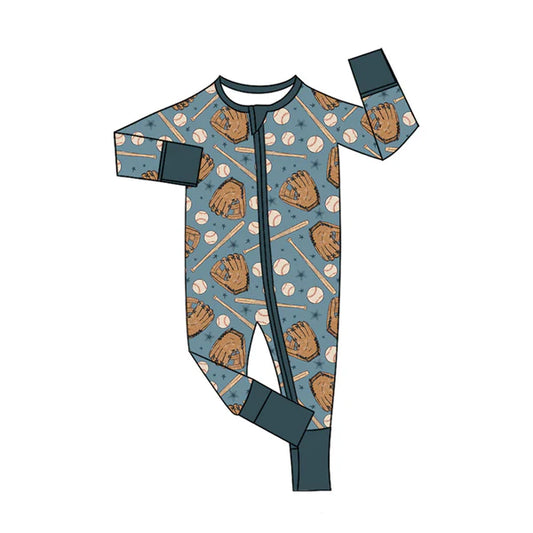 8.28 LR2605 Baby Boys Baseball Stars Plaid Team Zipper Footie Rompers Preorder