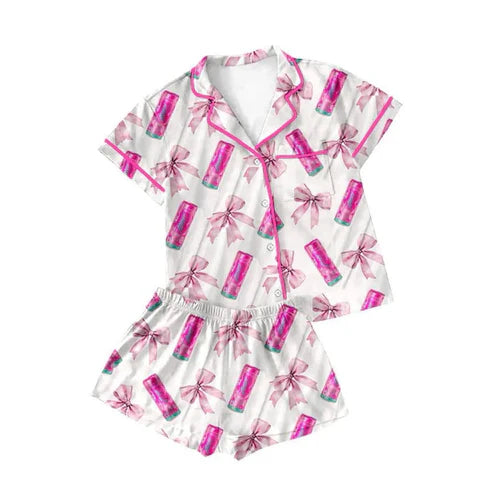 4.30  Custom Baby Girls Short Sleeves Button Pocket Bows Top Short Pajamas Set (MOQ 3)