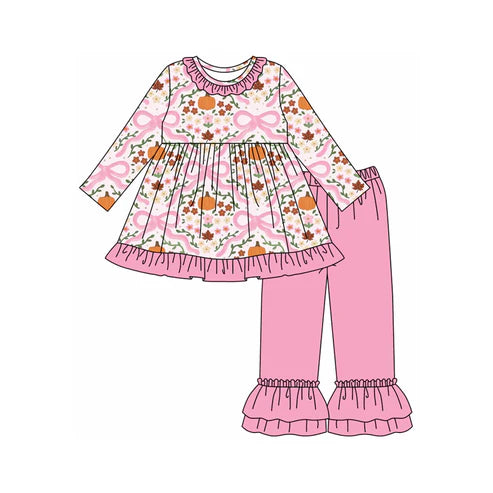 7.26 GLP2626 Baby Girls Long Sleeves Bows Floral Pumpkins Plaid Tunic Ruffle Pants Set Preorder