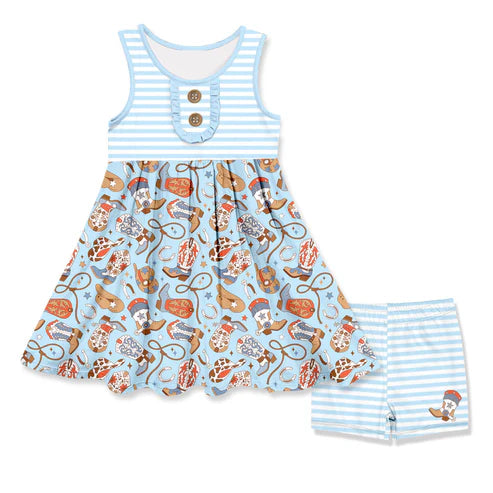 6.13 GSSO2645 Baby Girls Sleeveless Blue Stripe Button Boots Hats Tunic Short Set Preorder