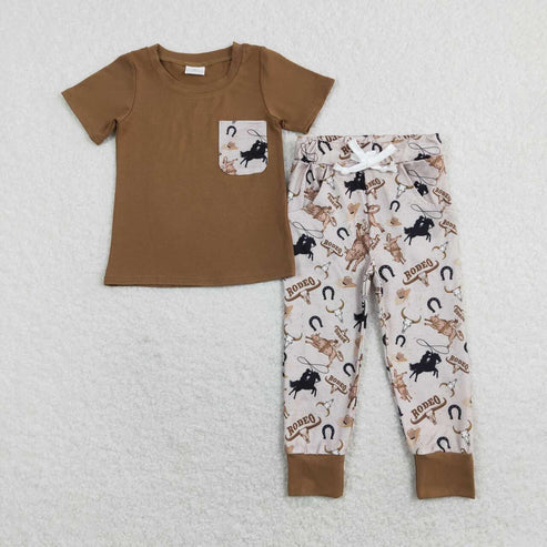 9.15 BSPO0198 riding bull head pocket Brown short sleeve trousers suit