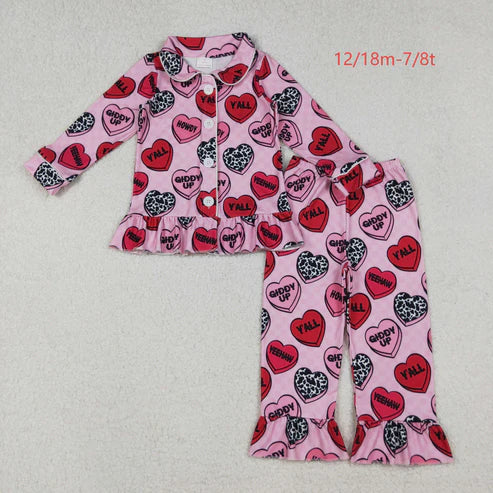 10.10 GLP2843 Baby Girls Pink Checked Hearts Button Top Pants Valentine Pajamas Set