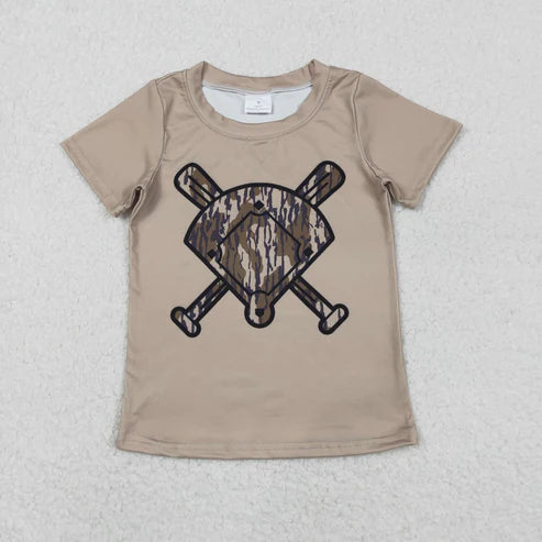 11.27 BT1419 Baby Boys Short Sleeve Olive Camo Baseballs Team T-shirts Top