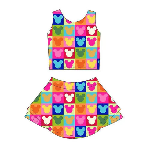 4.3 GSD2334 Baby Girls Sleeveless Colorful Cartoon Mouse Plaid Top Skort Yoga Set Preorder