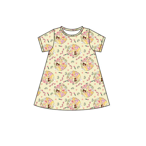4.22  GSD2494 Baby Girls Yellow Short Sleeves Floral Princess Knee Length Dresses Preorder
