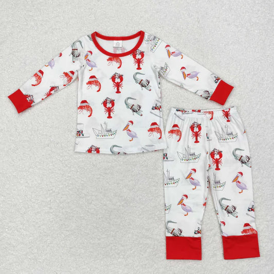 4.8 bamboo rts no moq BLP0674 Modal ship crayfish crocodile red and white long-sleeved long pants pajama set