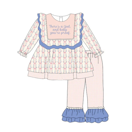 6.16  GLP2379 Baby Girls Long Sleeves Pink Floral Stripe Tunic Ruffle Pants Set Preorder