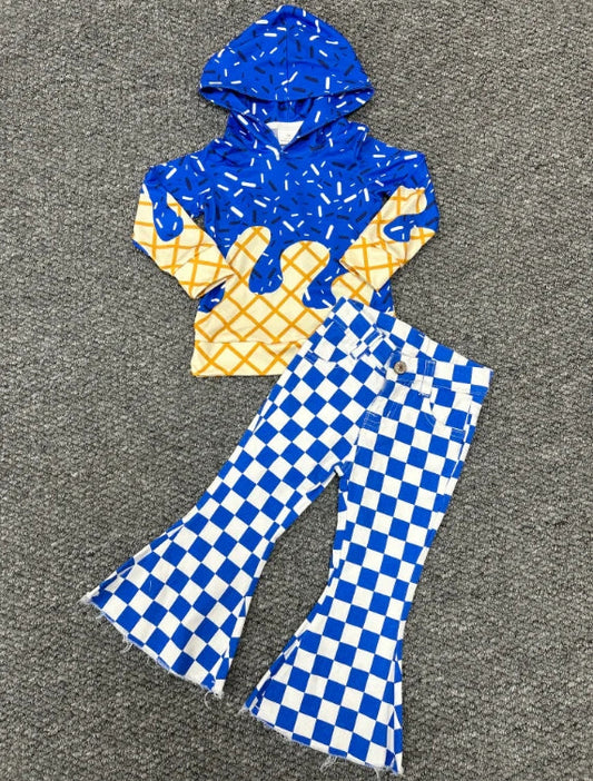 8.15 BT1275+P0610 Baby Girls Hot Blue Drip Hoodie Top Denim Bell Bottom Pants Team Set