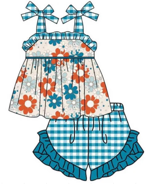 5.14 Girls' halter flower green short-sleeved shorts set