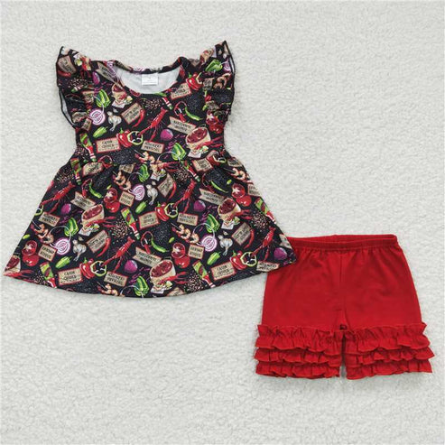 6.17 GSSO0169 Girls Crayfish Onion Flying Sleeve Red Short Sleeve Set
