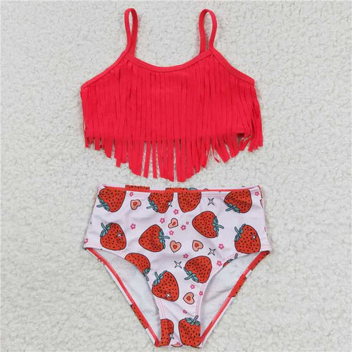 S0142 Strawberry red fringe swimsuit set