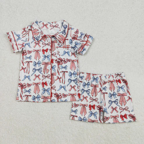 L-3.8GSSO1966 Baby Girls 4th Of July Bows Buttons Shirt Shorts Clothes Set