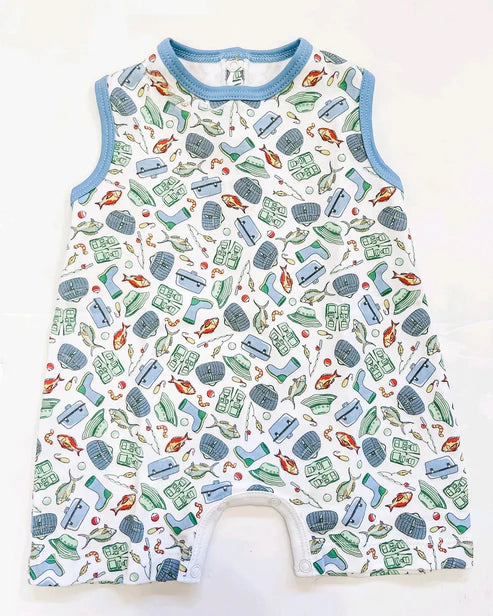 SR2900 Baby Infant Boys Sleeveless Fishes Rain Shoes Fishing Rompers Preorder