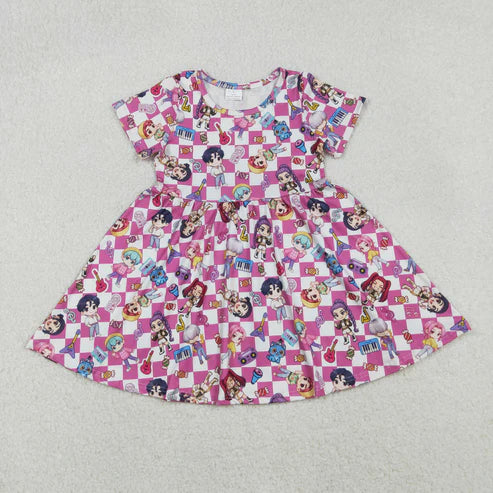 11.17 GSD2919 Baby Girls Short Sleeve Pink Checked Cartoon Girls Knee Length Dress