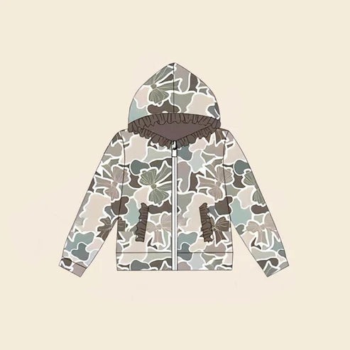 10.1 GT1263 Baby Girls Grey Bows Camo Pockets Zipper Ruffle Hoodies Top Preorder