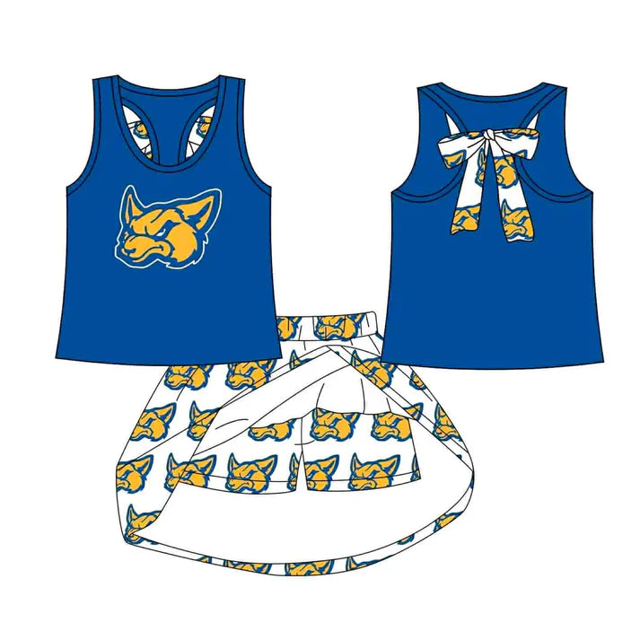 8.19 Custom Moq 5 Baby Girls Blue Fox vest team Top Skirt Skort Sets
