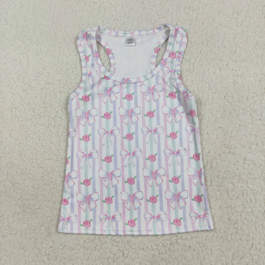 7.25 GT1014 Baby Girls Sleeveless Lavender Bows Flowers Stripe Yoga Shirts Top