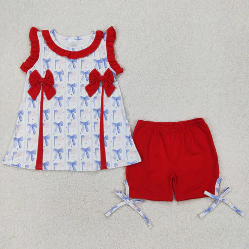 4.2 GSSO2373 Baby Girls Sleeveless Red Blue Bows Flags Tunic Ruffle Shorts 4th Of July Set