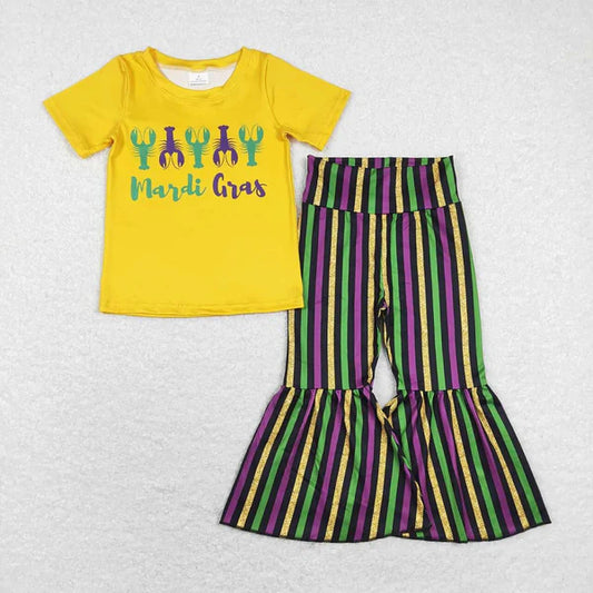 BT0502+P0405 Baby Girls Mardi Gras Crawfish Shirt Stripes Bell Pants Clothes Set