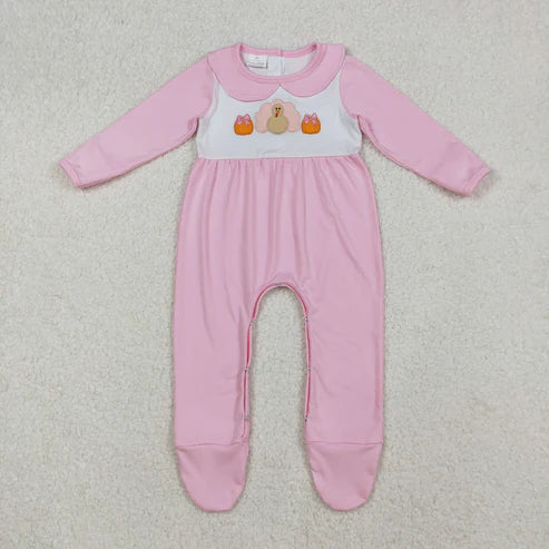 9.26 LR2563 Embroidery Baby Girls Pink Pumpkins Turkey Fall Footed Romper