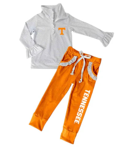 8.20  Custom MOQ 5 Baby Girls T Pullover Ruffle Leggings Team Clothing Sets