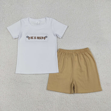 12.24 BSSO1674 RTS kids boy summer outfit he is risen easter clothing set embroidery shorts set