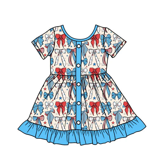 12.12 MOQ:5pcs GSD3415 pre-order toddler girl clothes bows print girl 4th of July patriotic summer dress