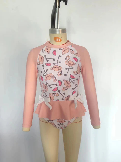 S0245 Watermelon flamingo white long-sleeved one-piece swimsuit