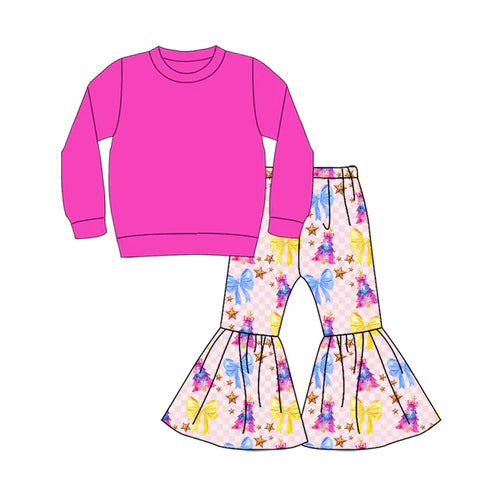 9.9 Custom Moq 5 Baby Girls Hot Pink Color Shirt Top Trees Bows Bell Bottom Pants Christmas Clothes Sets