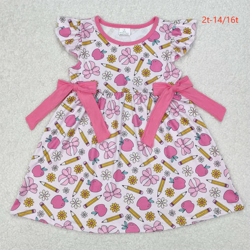 GSD1846 Baby Girls Back To School Apples Bows Knee Length Dress