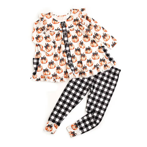 8.4 GLP2692 Baby Girls Pumpkins Plaid Button Pockets Tunic Legging Pant Fall Set Preorder