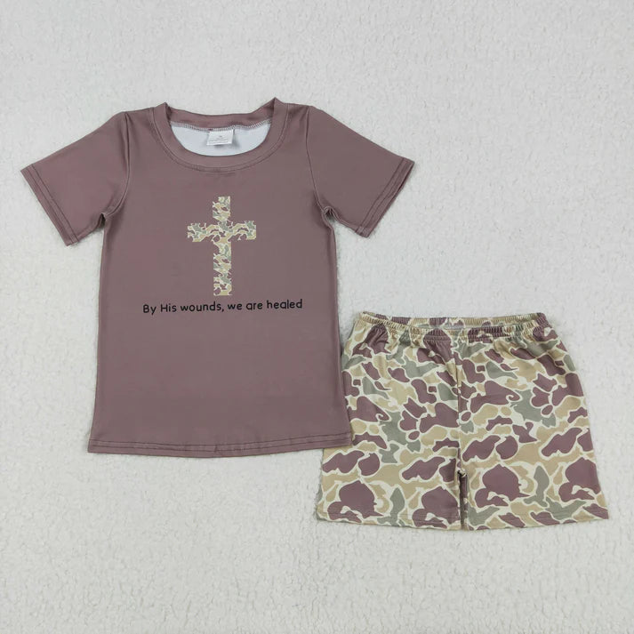 L-3.8BSSO1134 Baby Boys Brown Easter Cross Shirt Camo Shorts Clothes Set