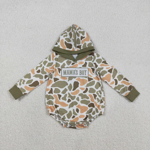 12.3 LR2798 Embroidery Baby Boys Green Orange Camo Mama's Boy Hoodie Romper