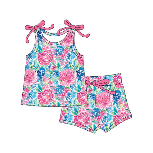 4.24 GSSO2588 Baby Girls Sleeveless Pink Watercolor Floral Top Short Set Preorder