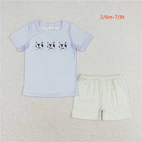 BSSO0935 Boys' cow blue short-sleeved plaid shorts suit