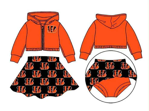 8.9 Custom Moq 5 Baby Girls Orange Long Sleeves B Zipper Hoodies Plaid Skorts Team Set