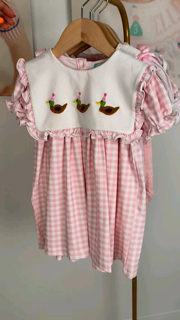 8.27 GSD2803 Baby Girls Pink Plaid Ducks Back Button Knee Length Dresses Preorder