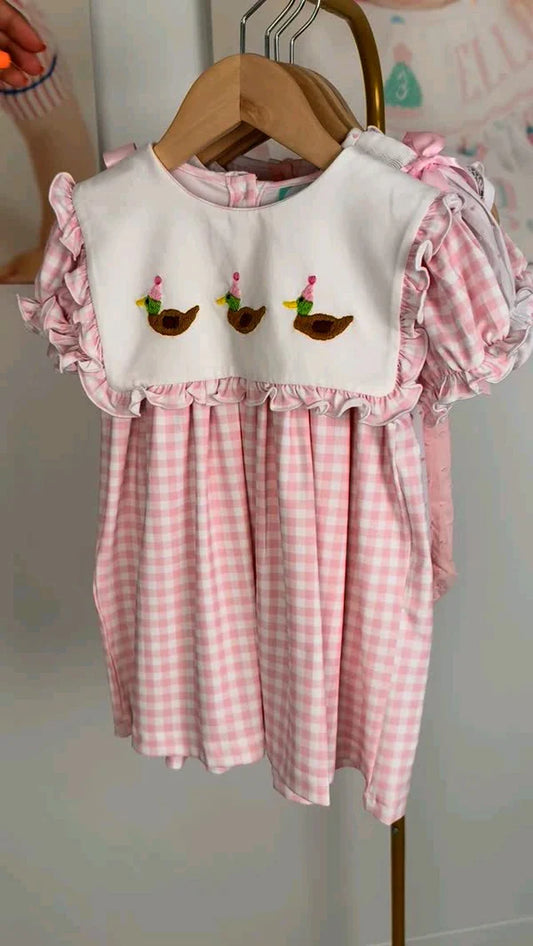 8.27 GSD2803 Baby Girls Pink Plaid Ducks Back Button Knee Length Dresses Preorder