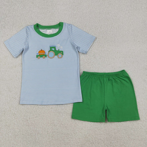 9.24 BSSO1549 Embroidery Baby Boys Blue Stripe Truck Pumpkin Top Shorts Fall Clothes Set