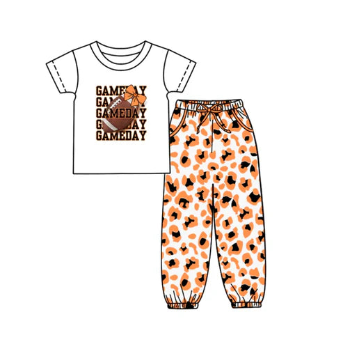 10.9 Custom Moq 5 Baby Kids Game Day Team Top Orange Black Leopard Pants Clothes Sets
