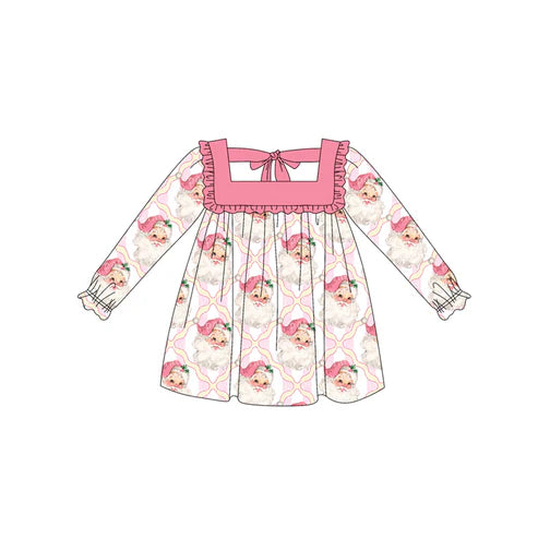 5.20 GLD1049 Baby Girls Long Ruffle Sleeves Pink Santa Plaid Knee Length Dresses Preorder