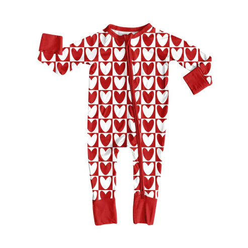 9.29 LR2717 Baby Girls Red White Hearts Checked Valentine Zipper Footie Rompers Preorder
